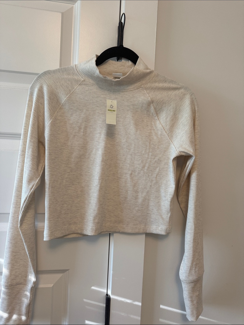 aerie Ribbed Mock-Neck Long Sleeve Crop Top - Cream